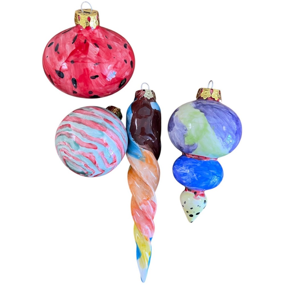 4 Artisan Hand Blown &‎ Painted Large Glass Ornaments Lot Multi Colored